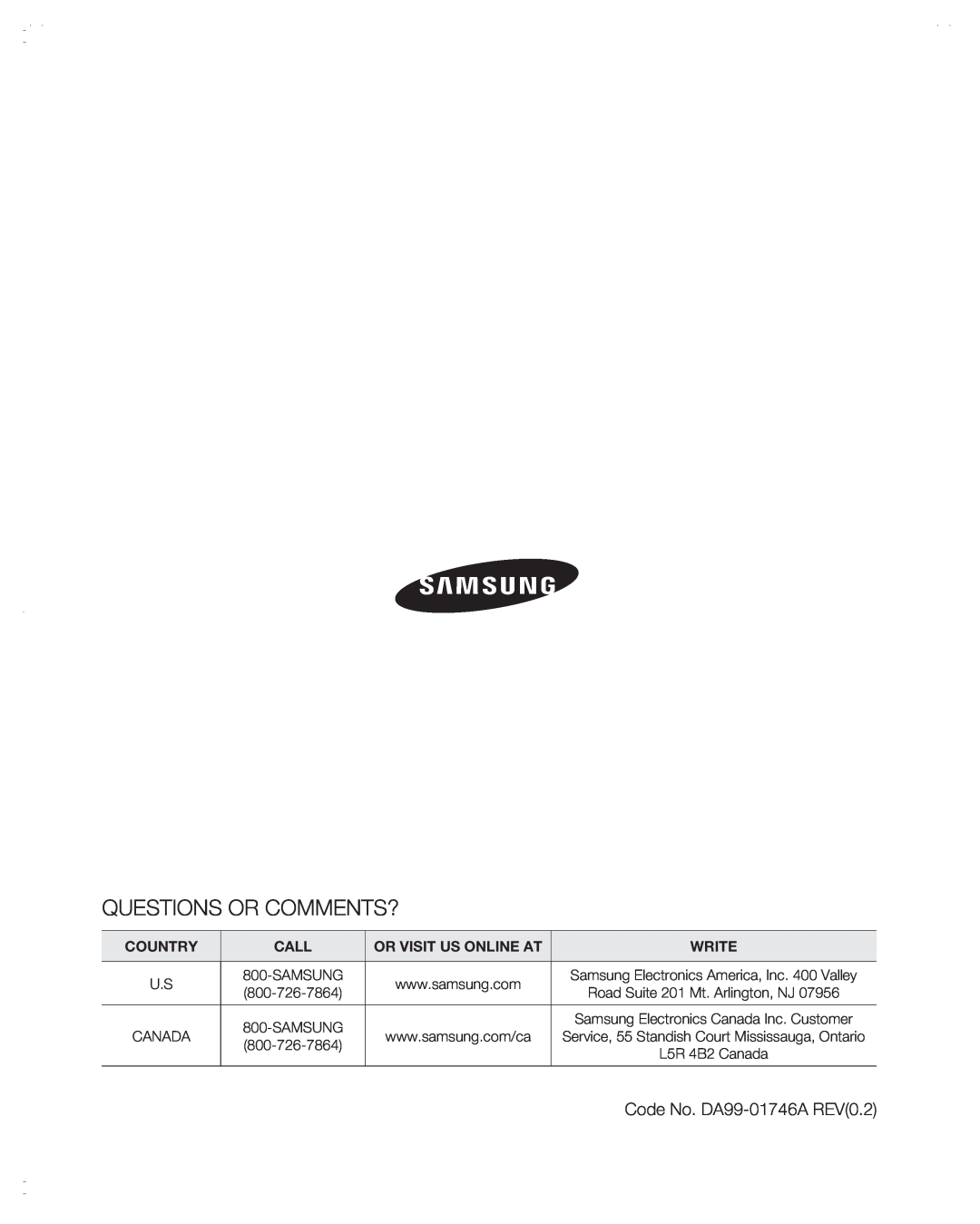 Samsung RSG257AABP Questions Or Comments?, Country, Call, Or Visit Us Online At, Write, Samsung, L5R 4B2 Canada 