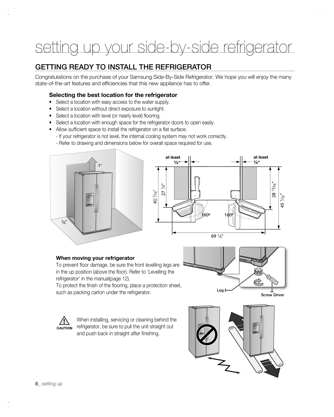 Samsung RSG257AABP user manual setting up your side-by-side refrigerator, Getting ready to install the refrigerator 