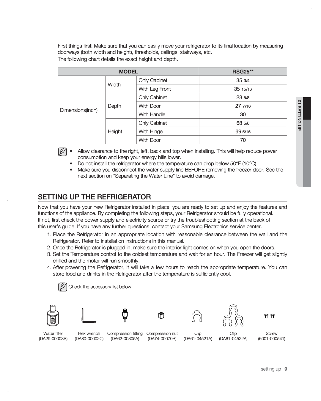 Samsung RSG257AABP user manual setting uP tHe ReFRigeRAtoR, Model 