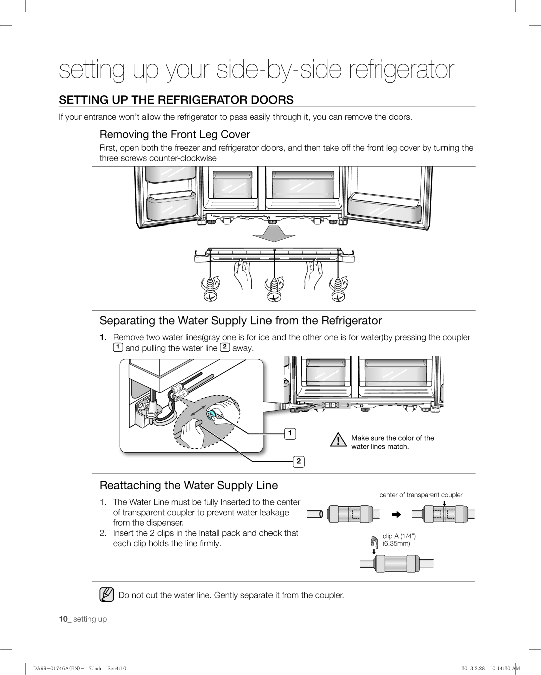 Samsung RSG257AAWP, RSG257AARS Setting UP the Refrigerator Doors, Separating the Water Supply Line from the Refrigerator 