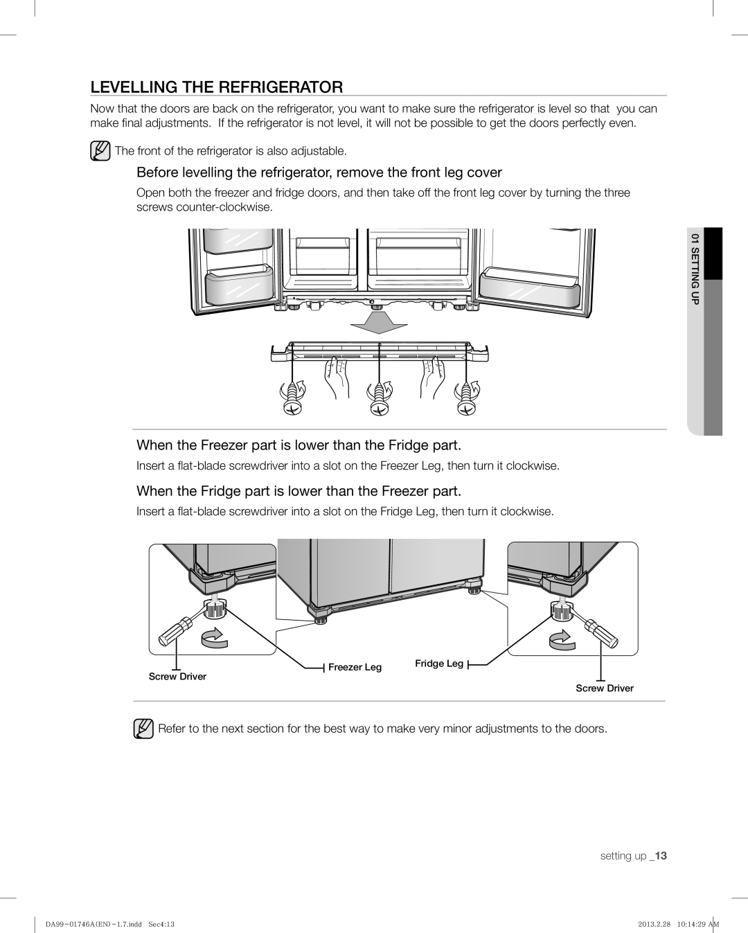 Samsung RSG257AARS, RSG257AAWP user manual Levelling the Refrigerator, When the Freezer part is lower than the Fridge part 