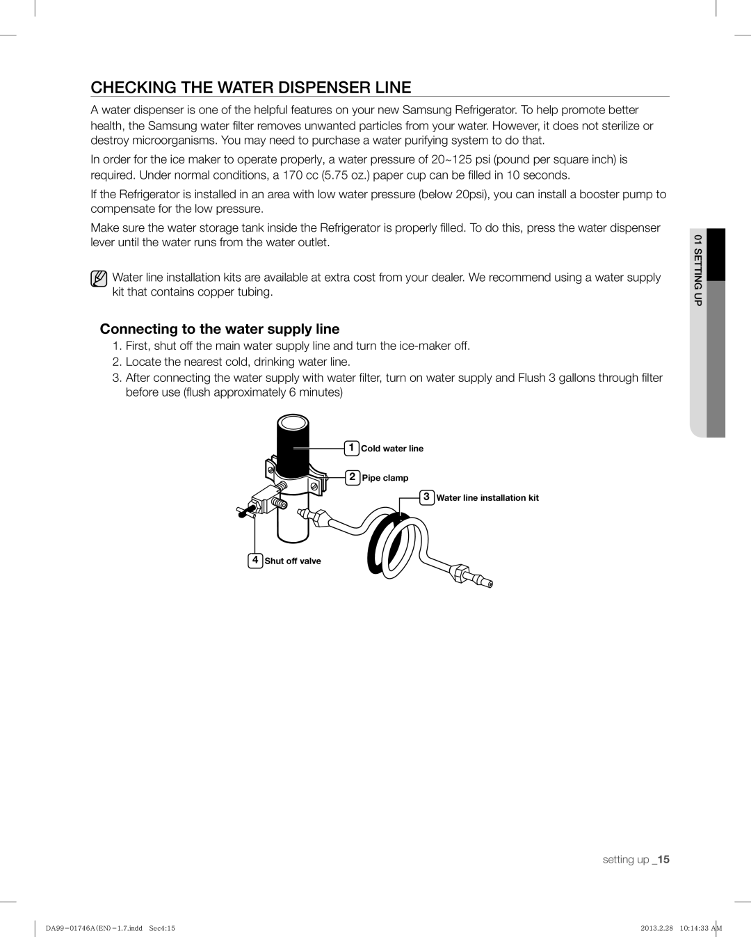 Samsung RSG257AARS, RSG257AAWP user manual Checking the Water Dispenser Line, Connecting to the water supply line 