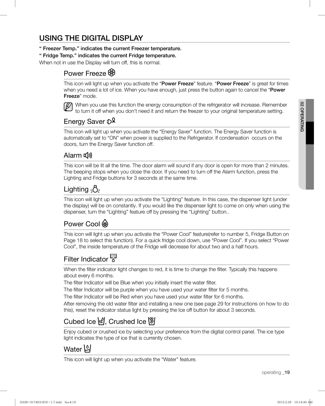 Samsung RSG257AARS, RSG257AAWP user manual Using the Digital Display 