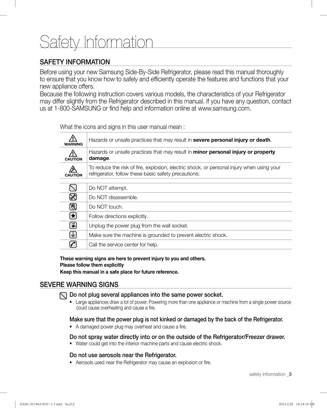 Samsung RSG257AARS Safety Information, Severe Warning Signs, Do not plug several appliances into the same power socket 