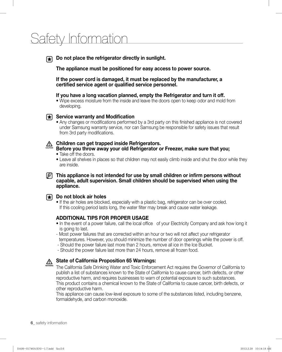 Samsung RSG257AAWP, RSG257AARS user manual Safety Information 