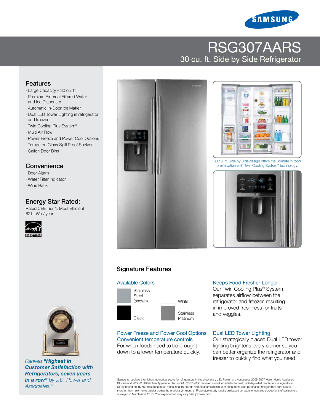 Samsung RSG307AARS manual Convenience, Energy Star Rated, Signature Features 