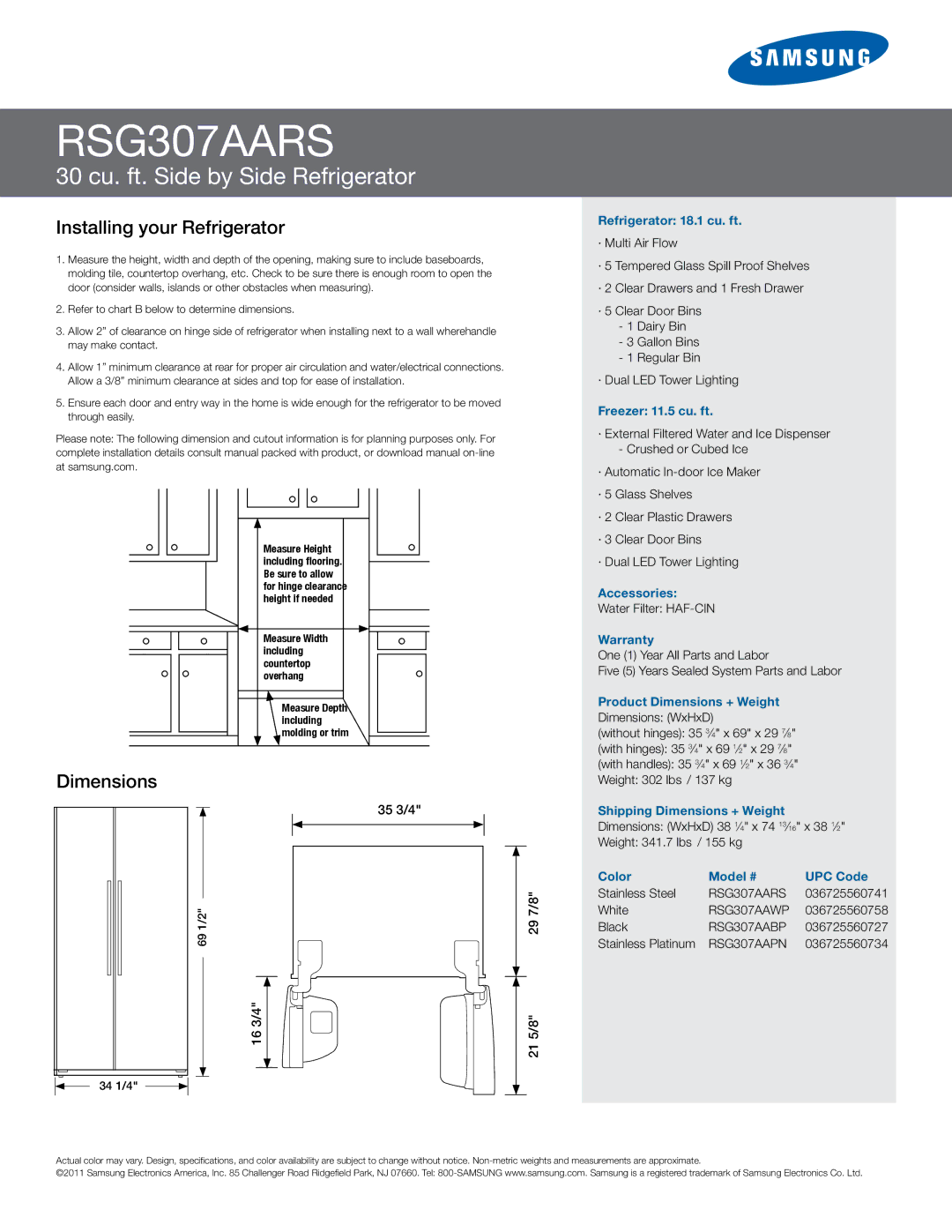 Samsung RSG307AARS manual Installing your Refrigerator 