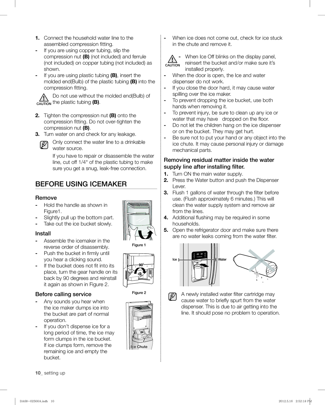 Samsung RSG307AAWP, RSG307AABP user manual Before Using Icemaker, Remove, Install, Before calling service 
