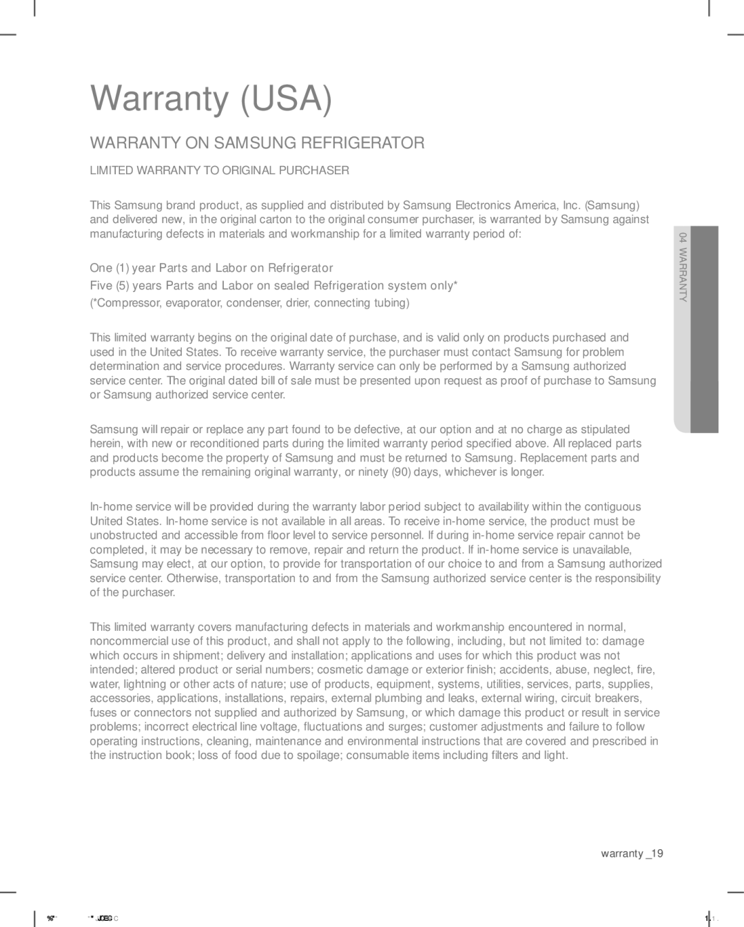 Samsung RSG307AAWP, RSG307AABP user manual Warranty USA, Warranty on Samsung Refrigerator 
