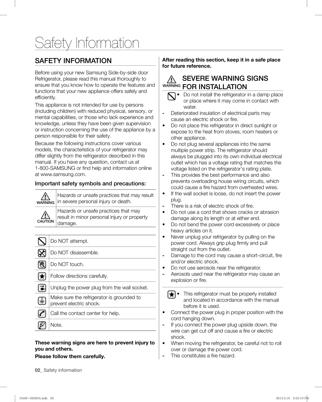 Samsung RSG307AABP, RSG307AAWP user manual Safety Information, Severe Warning Signs Warning for Installation 