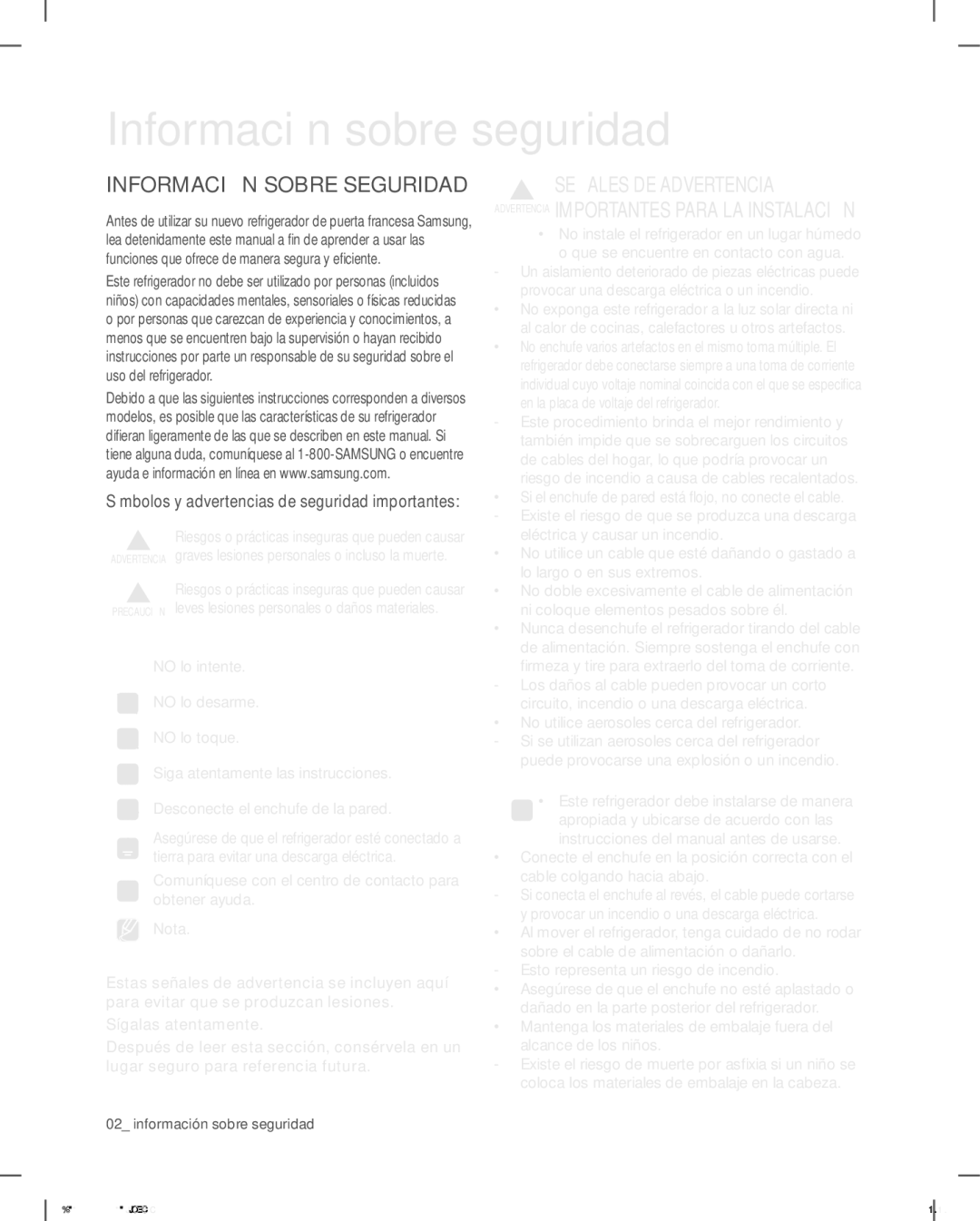 Samsung RSG307AAWP, RSG307AABP user manual Información sobre seguridad, Información Sobre Seguridad 