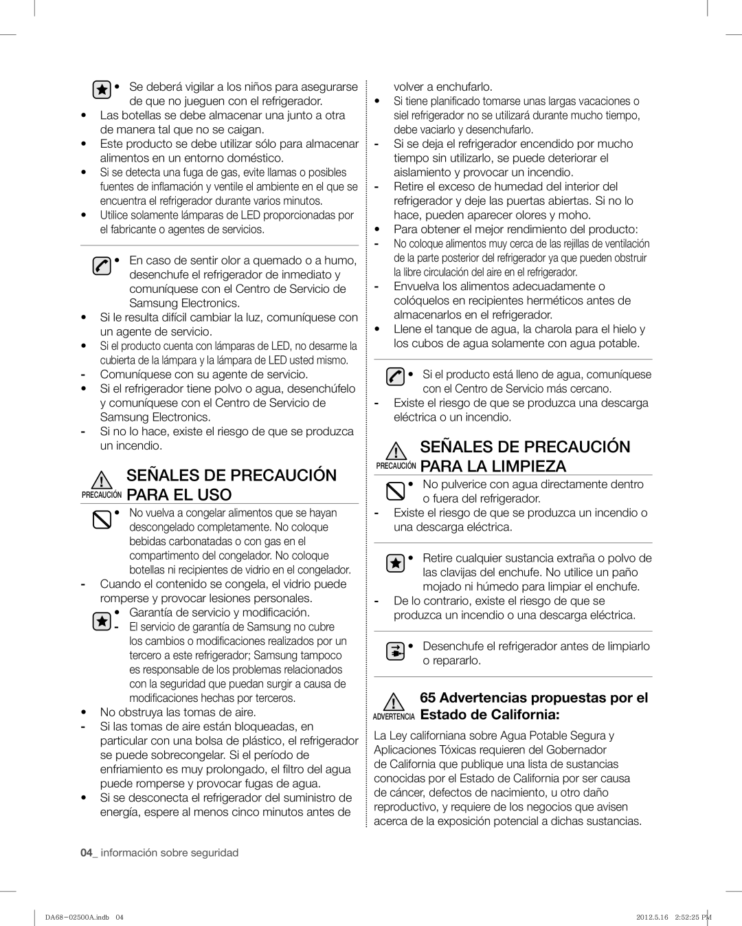 Samsung RSG307AABP, RSG307AAWP user manual Señales DE Precaución Precaución Para LA Limpieza 