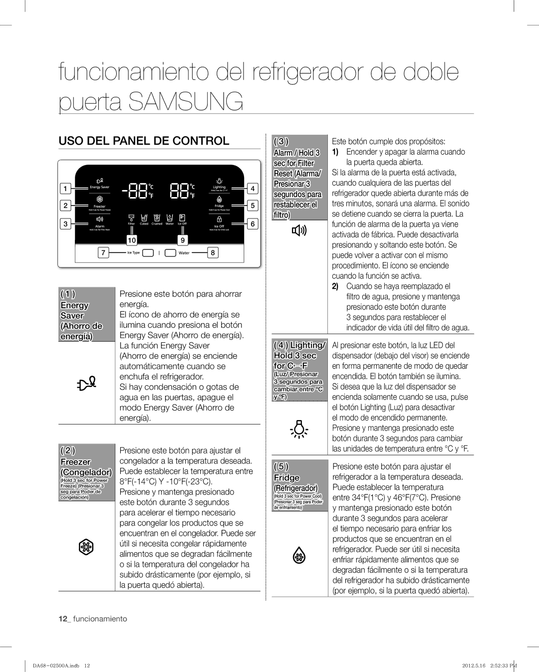 Samsung RSG307AAWP, RSG307AABP Funcionamiento del refrigerador de doble puerta Samsung, USO DEL Panel DE Control 