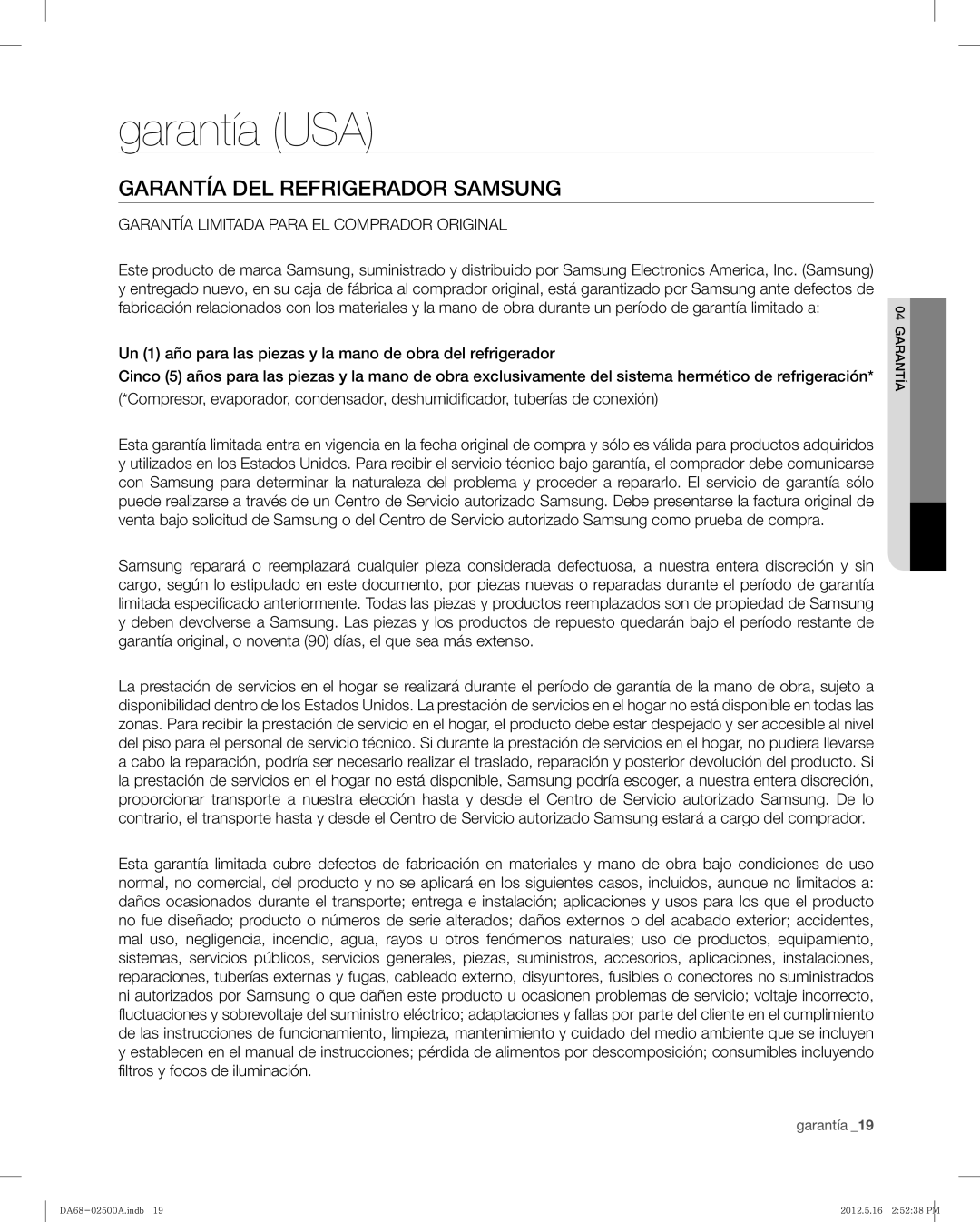 Samsung RSG307AABP, RSG307AAWP user manual Garantía USA, Garantía DEL Refrigerador Samsung 