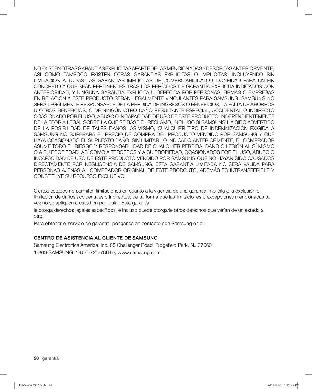 Samsung RSG307AAWP, RSG307AABP user manual Centro DE Asistencia AL Cliente DE Samsung 