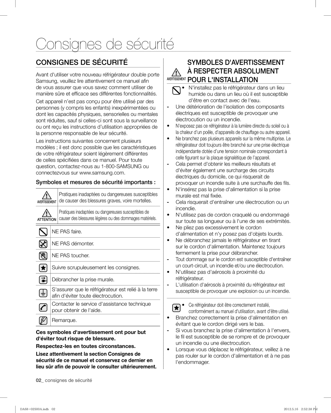 Samsung RSG307AAWP, RSG307AABP user manual Consignes de sécurité, Consignes DE Sécurité, Avertissement Pour Linstallation 