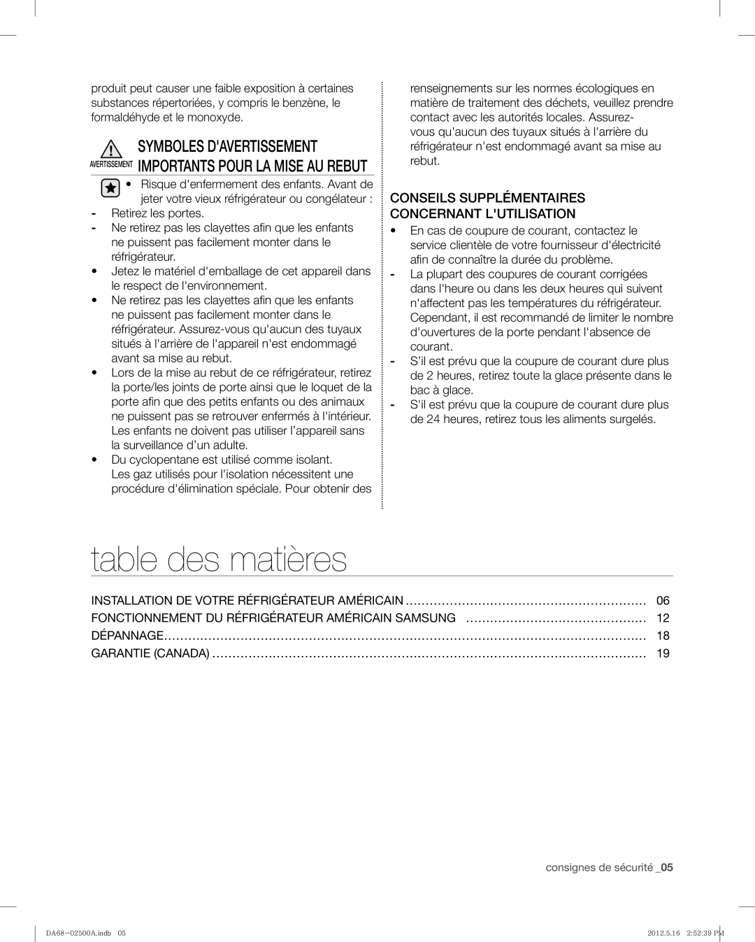 Samsung RSG307AAWP, RSG307AABP user manual Table des matières, Conseils Supplémentaires Concernant Lutilisation 