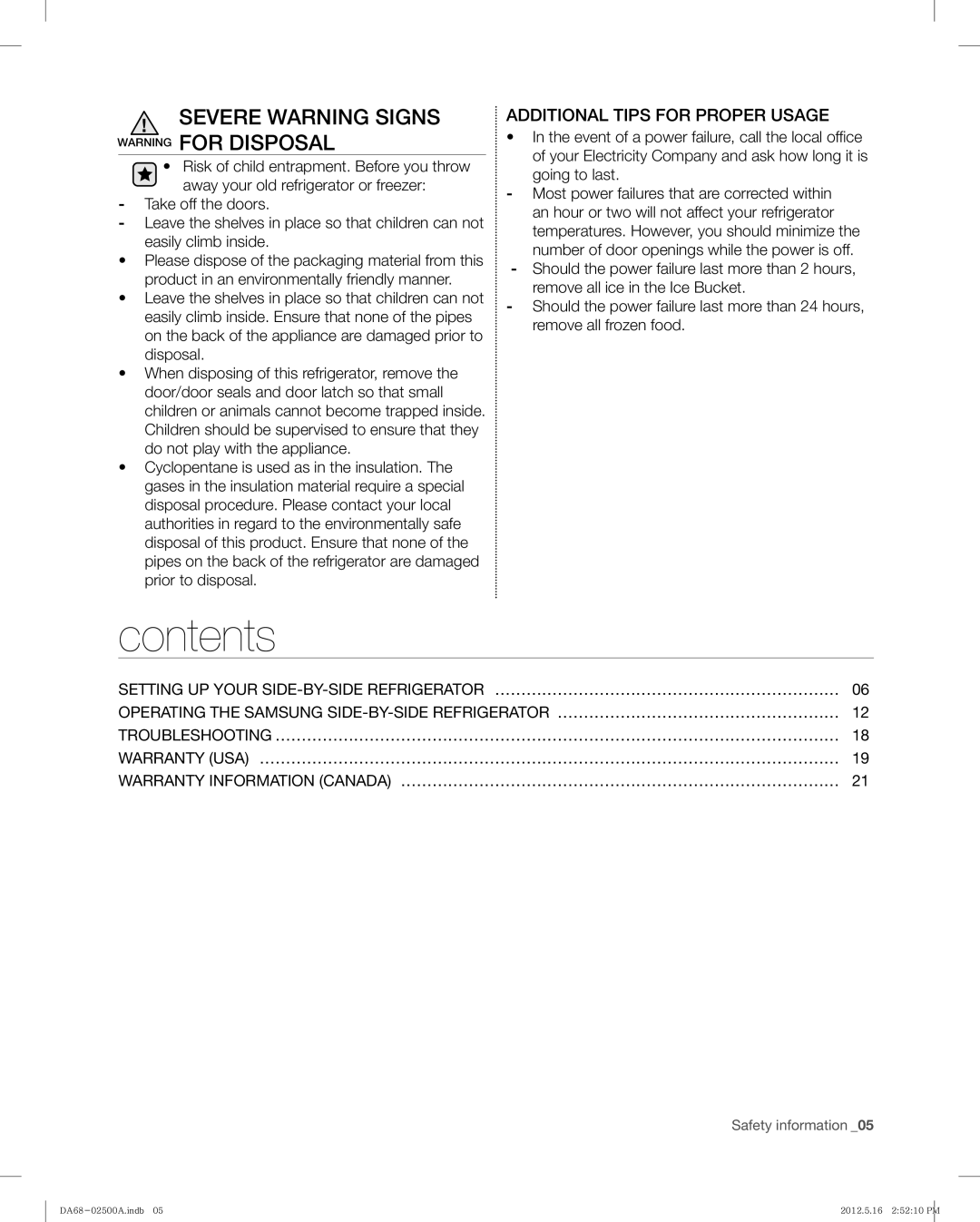 Samsung RSG307AABP, RSG307AAWP user manual Contents 