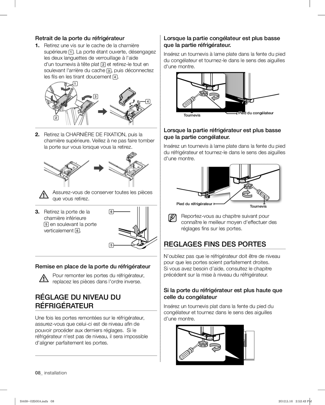 Samsung RSG307 Réglage DU Niveau DU Réfrigérateur, Reglages Fins DES Portes, Retrait de la porte du réfrigérateur 