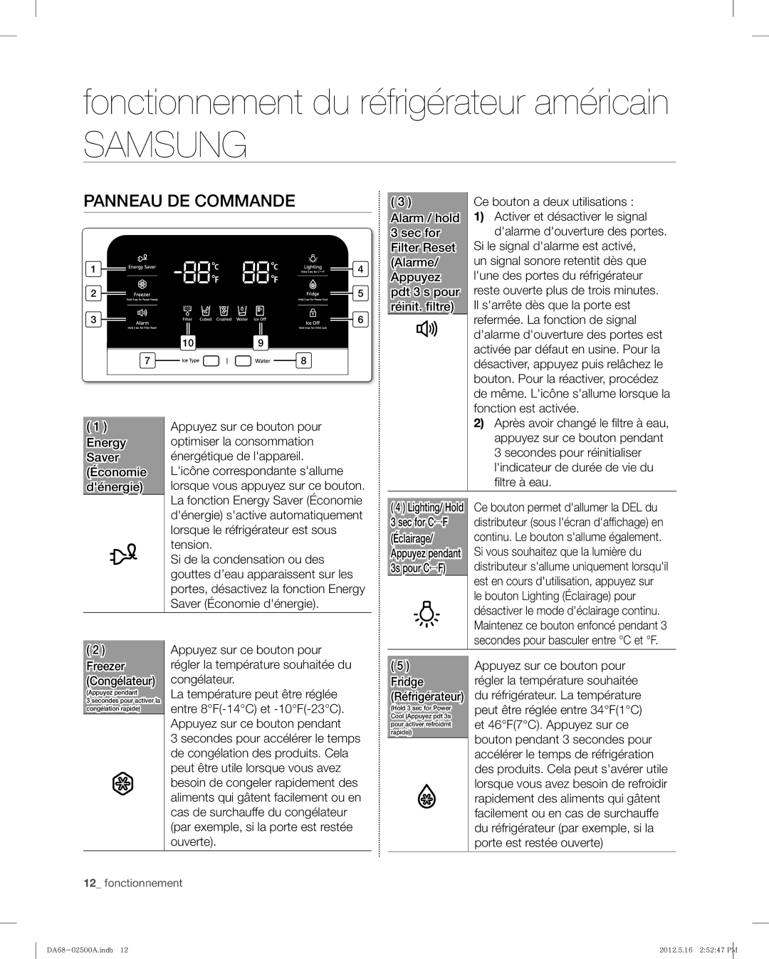 Samsung RSG307AABP, RSG307AAWP user manual Fonctionnement du réfrigérateur américain, Panneau DE Commande 