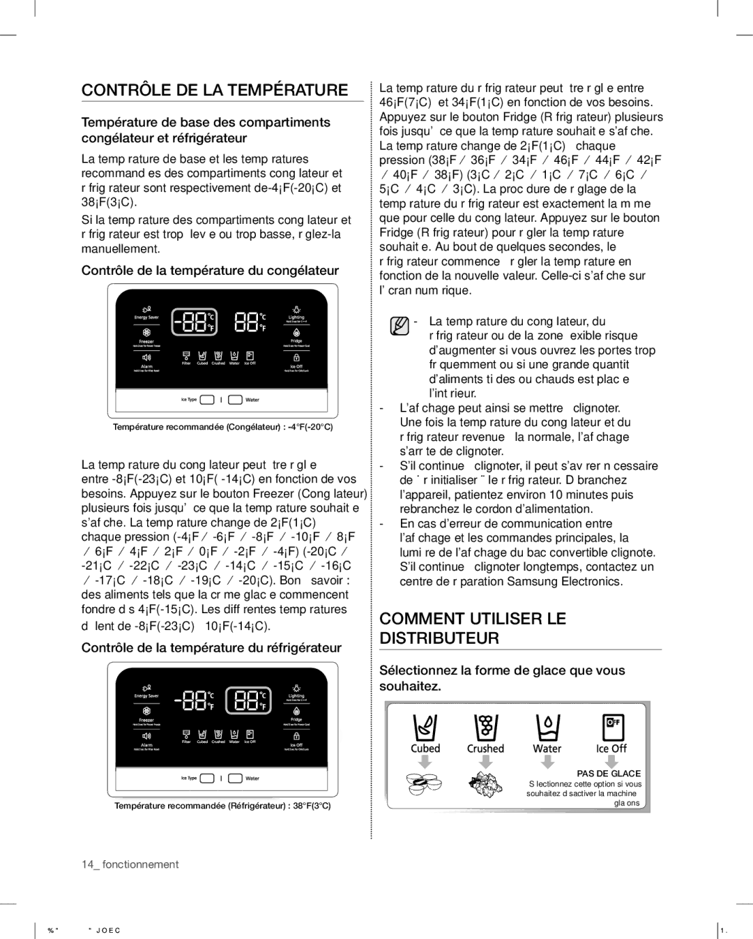 Samsung RSG307 Contrôle DE LA Température, Comment Utiliser LE Distributeur, Contrôle de la température du congélateur 