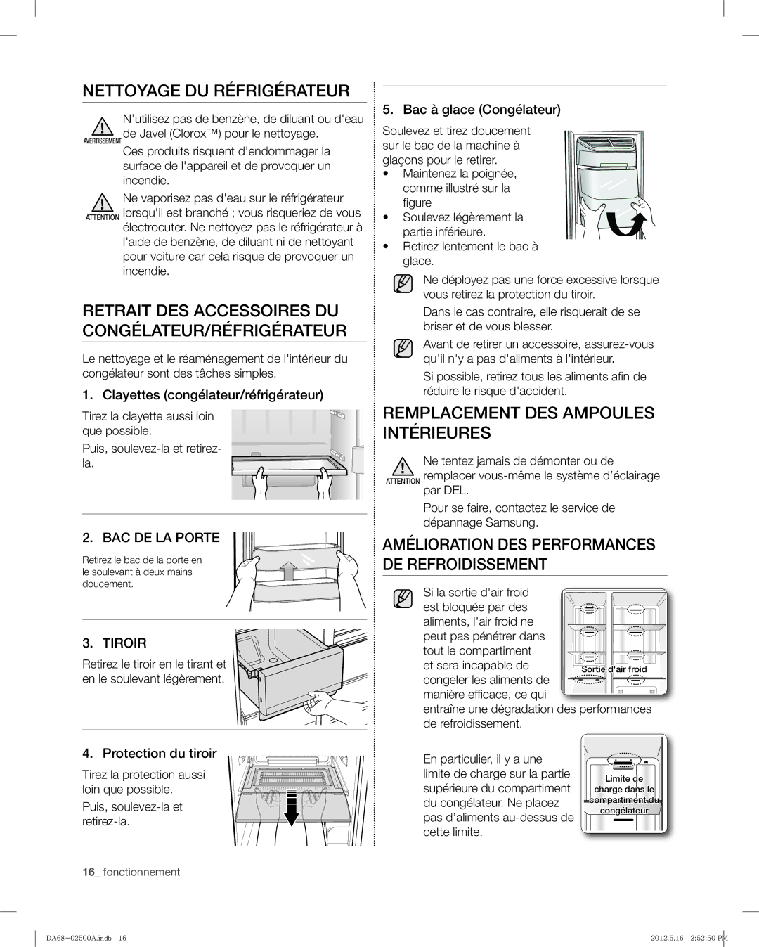 Samsung RSG307AAWP, RSG307AABP user manual Nettoyage DU Réfrigérateur, Retrait DES Accessoires DU CONGÉLATEUR/RÉFRIGÉRATEUR 