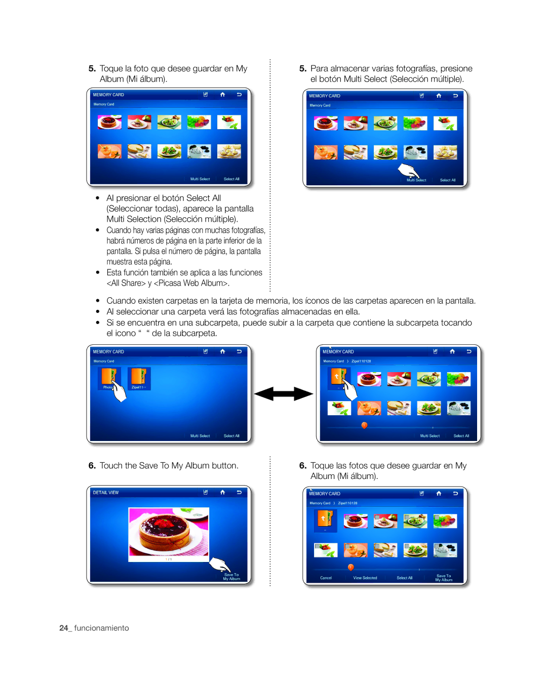 Samsung RSG309** user manual Toque la foto que desee guardar en My Album Mi álbum 