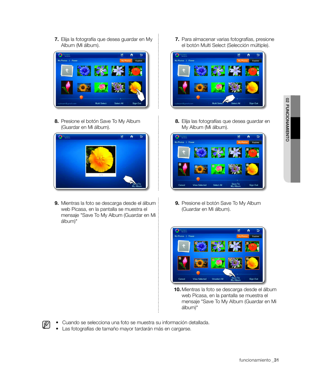 Samsung RSG309** user manual Elija la fotografía que desea guardar en My Album Mi álbum 