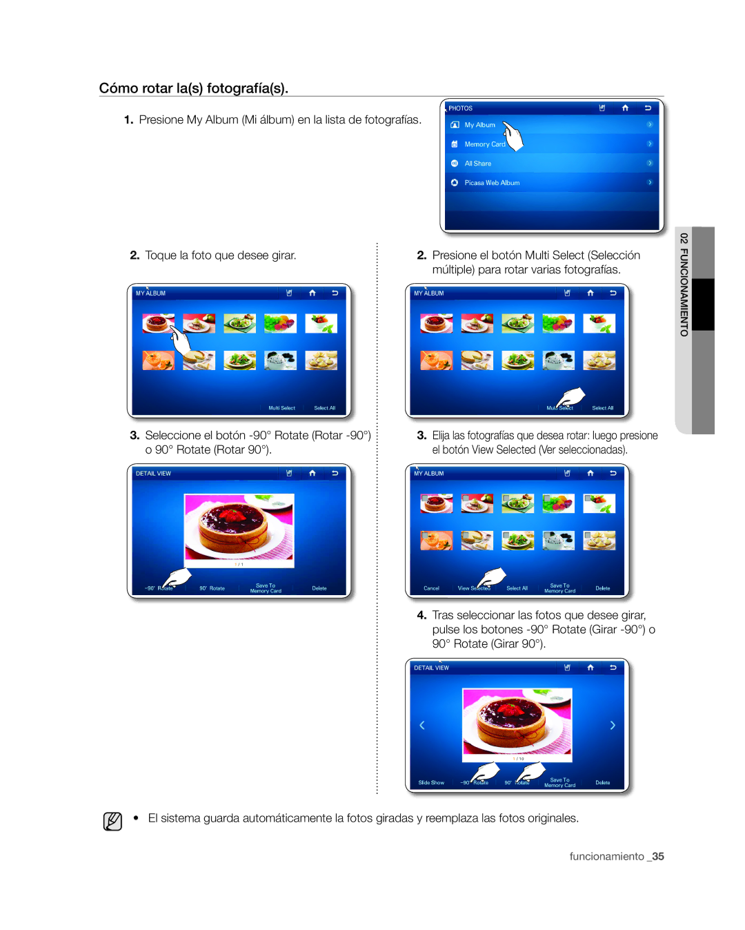 Samsung RSG309** user manual Cómo rotar las fotografías, Toque la foto que desee girar 