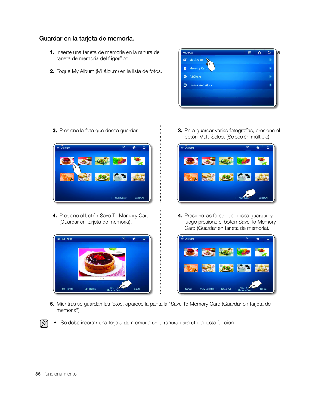 Samsung RSG309** user manual Guardar en la tarjeta de memoria 