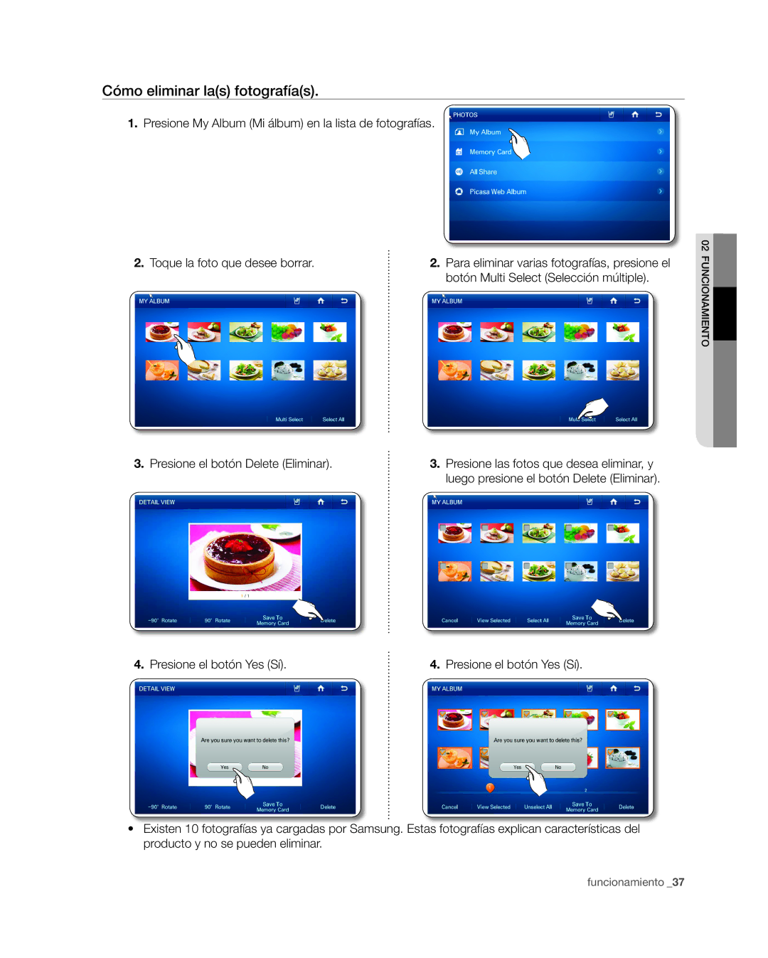 Samsung RSG309** user manual Cómo eliminar las fotografías 