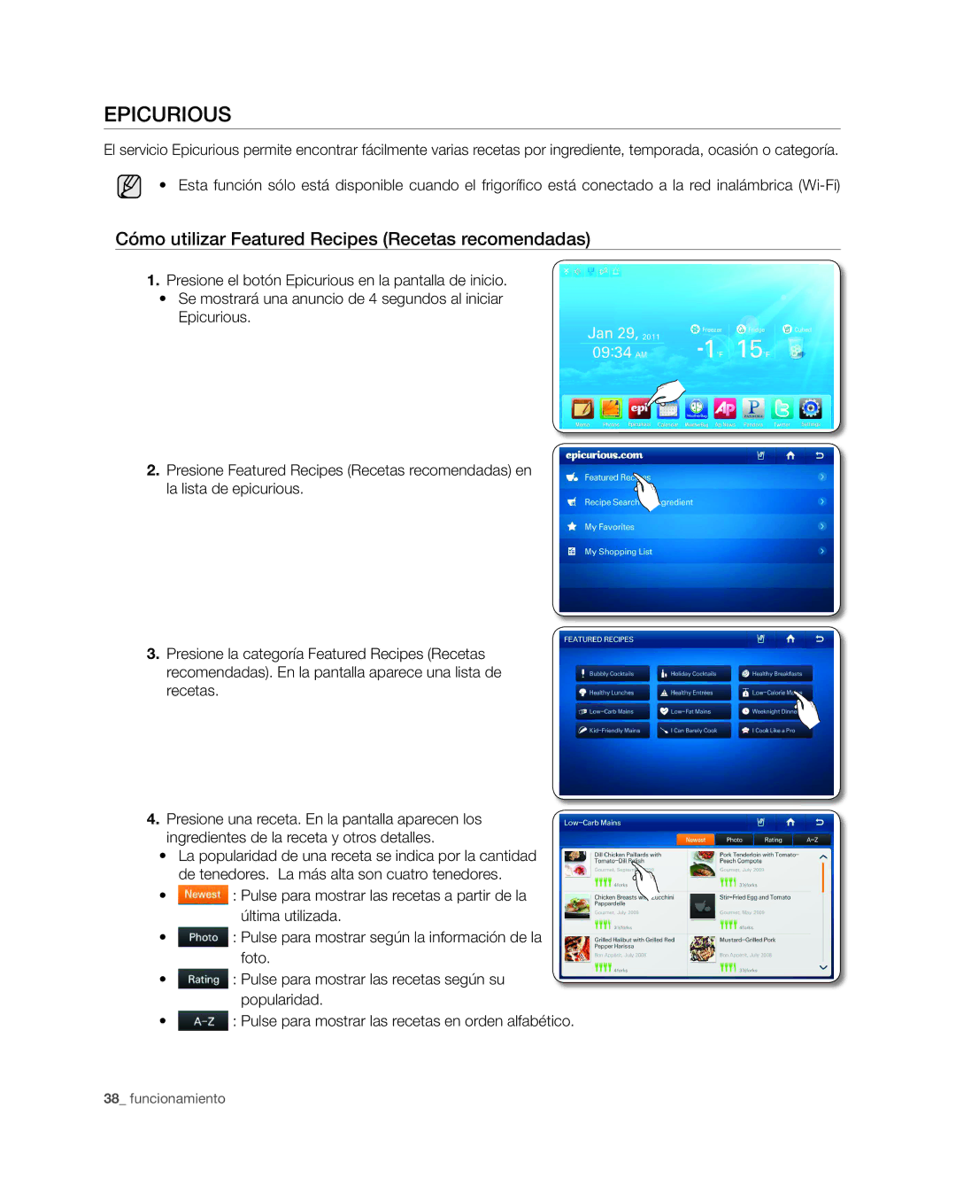 Samsung RSG309** user manual Epicurious, Cómo utilizar Featured Recipes Recetas recomendadas 