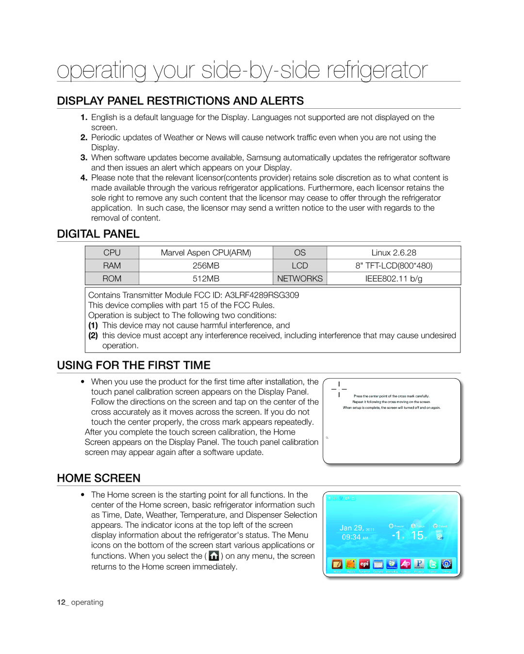 Samsung RSG309** user manual Display Panel RESTRIcTIONS and Alerts, Digital Panel, Using for the First time, Home Screen 