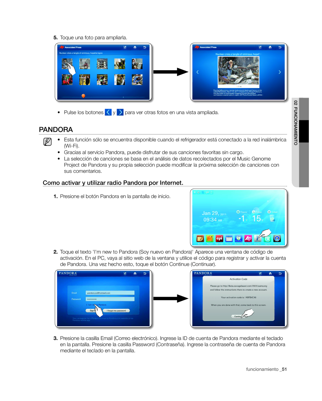 Samsung RSG309** user manual Como activar y utilizar radio Pandora por Internet, Toque una foto para ampliarla 