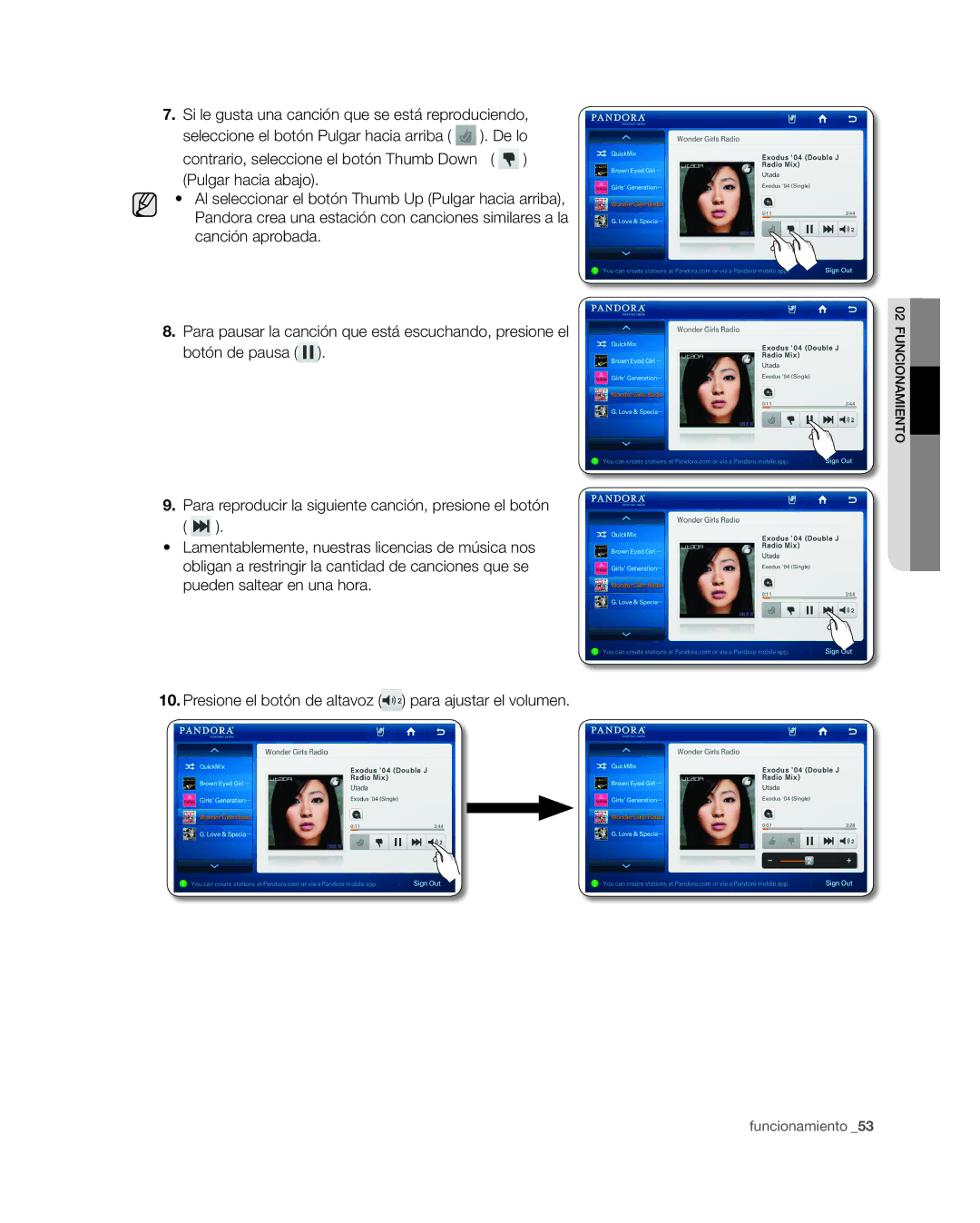 Samsung RSG309** user manual Contrario, seleccione el botón Thumb Down Pulgar hacia abajo, Canción aprobada 