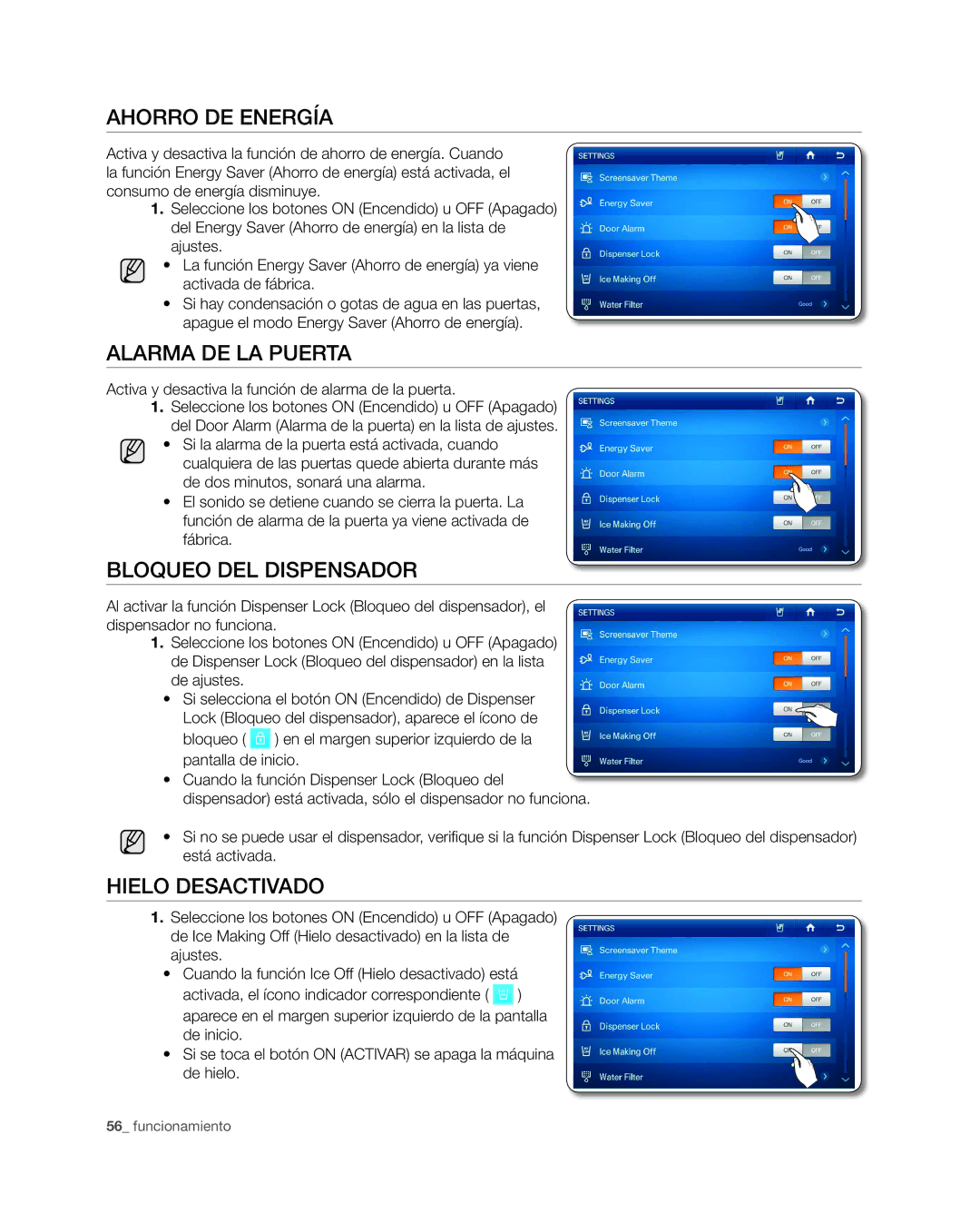 Samsung RSG309** user manual Ahorro DE Energía, Alarma DE LA Puerta, Bloqueo del dispensador, Hielo Desactivado 