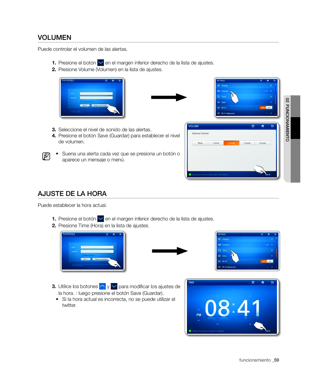 Samsung RSG309** user manual Volumen, Ajuste de la hora, Puede establecer la hora actual Presione el botón 