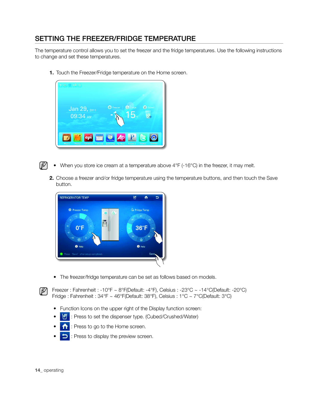 Samsung RSG309** user manual Setting the Freezer/Fridge Temperature 