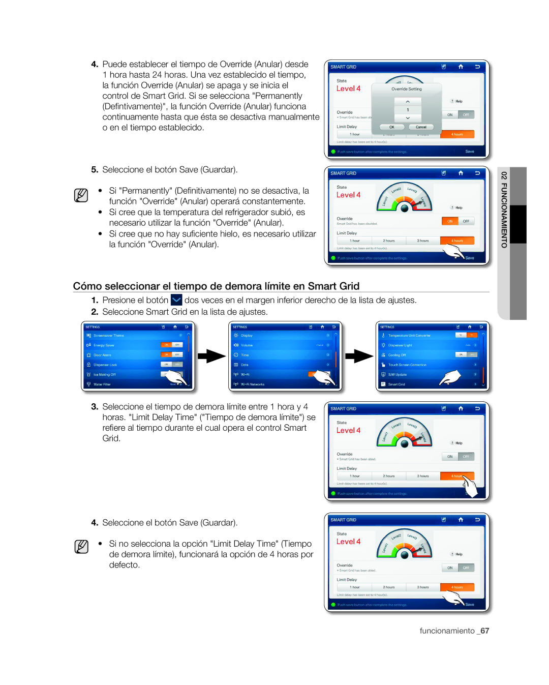 Samsung RSG309** user manual Cómo seleccionar el tiempo de demora límite en Smart Grid 