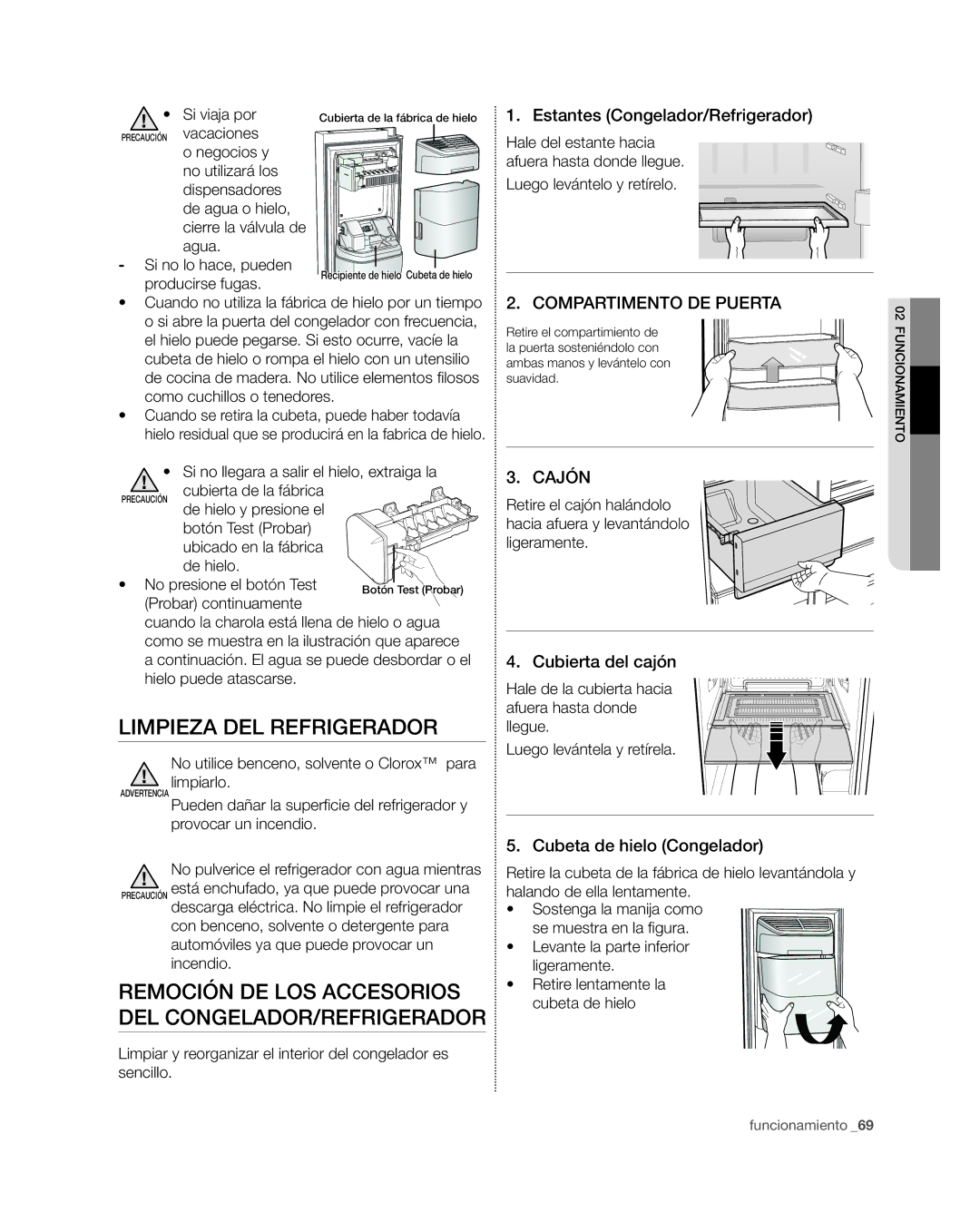 Samsung RSG309** user manual Limpieza del refrigerador, Estantes Congelador/Refrigerador, Cubierta del cajón 