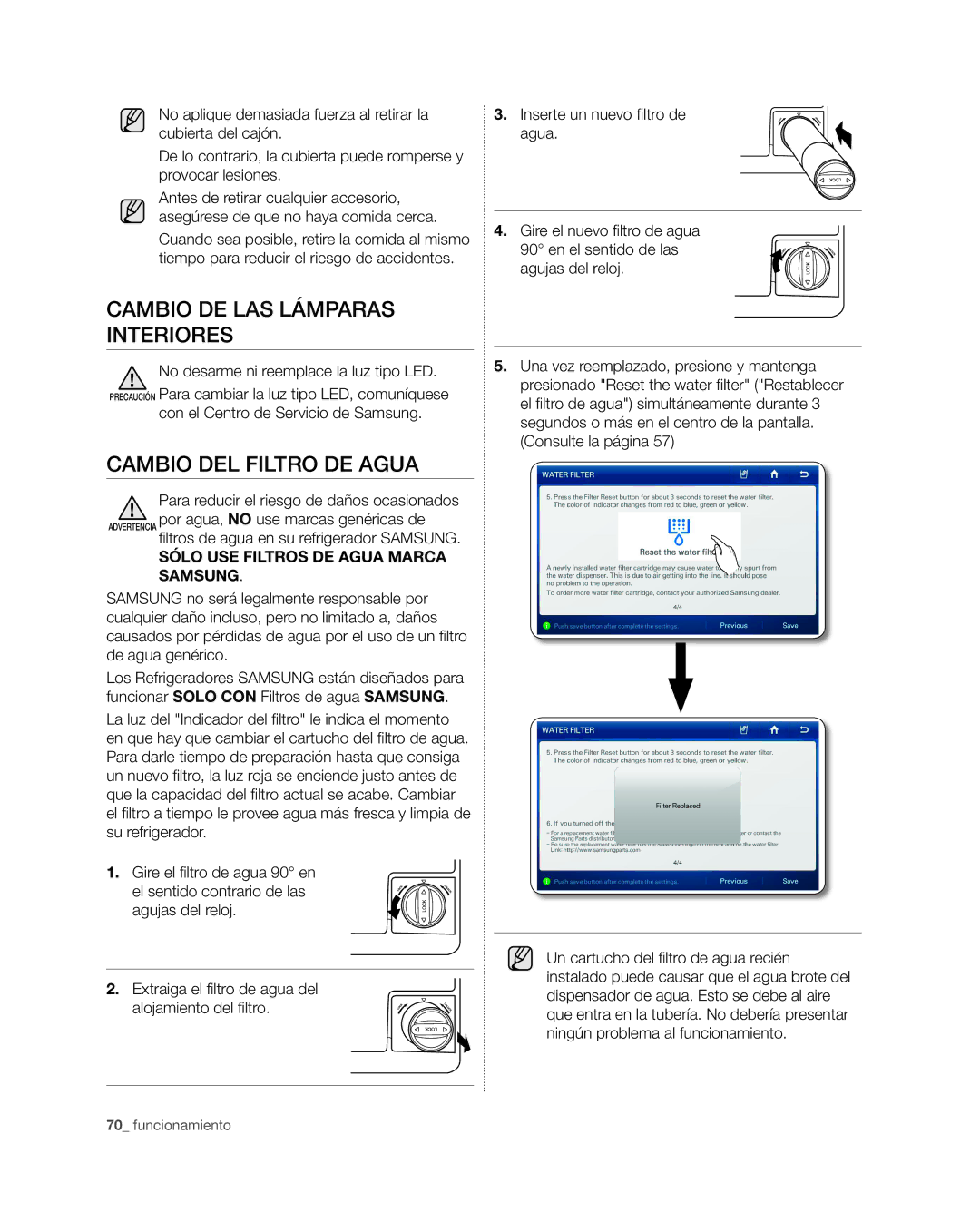 Samsung RSG309** Cambio de las lámparas interiores, Cambio del Filtro DE Agua, No desarme ni reemplace la luz tipo LED 