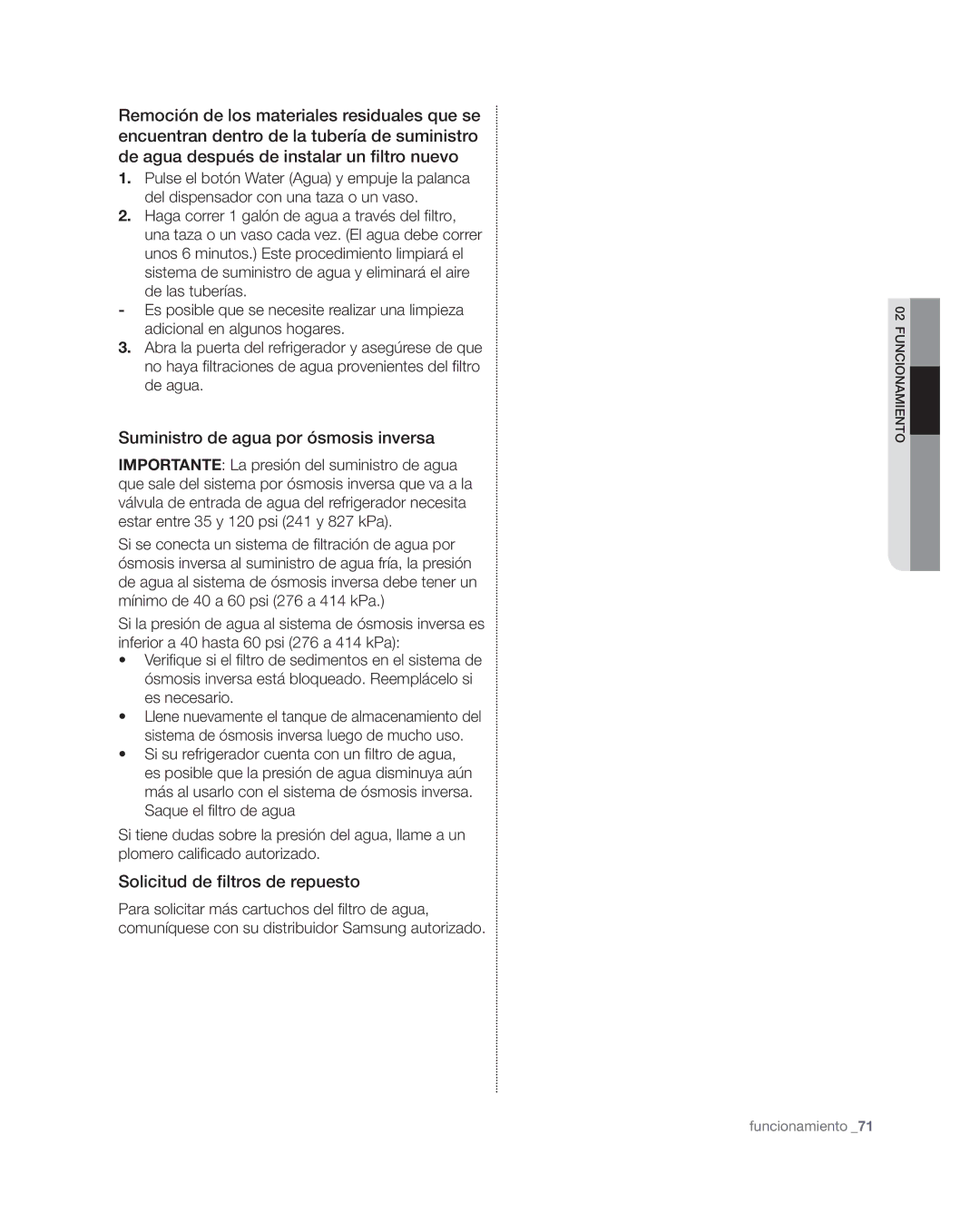 Samsung RSG309** user manual Suministro de agua por ósmosis inversa, Solicitud de filtros de repuesto 