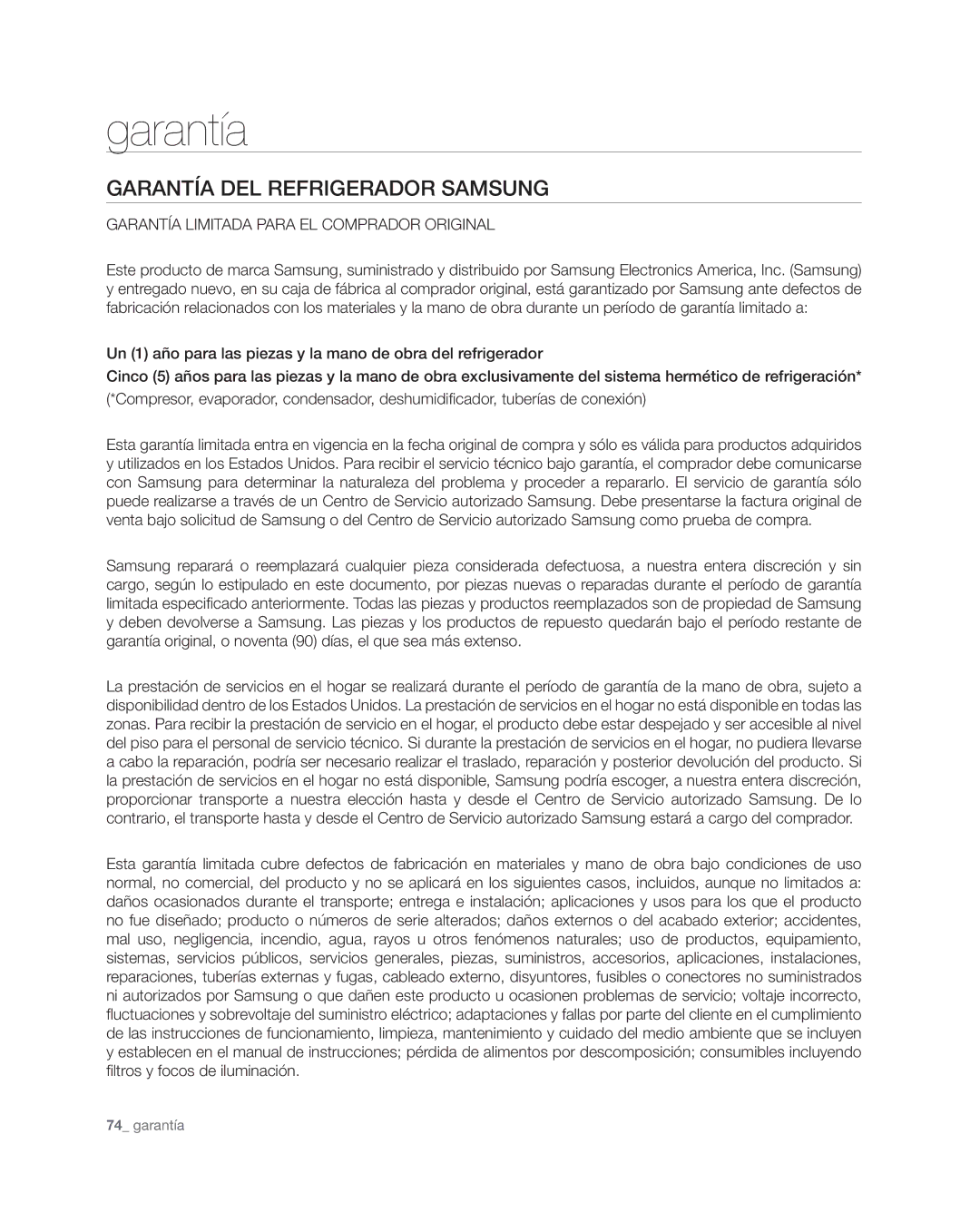 Samsung RSG309** user manual Garantía del refrigerador samsung 