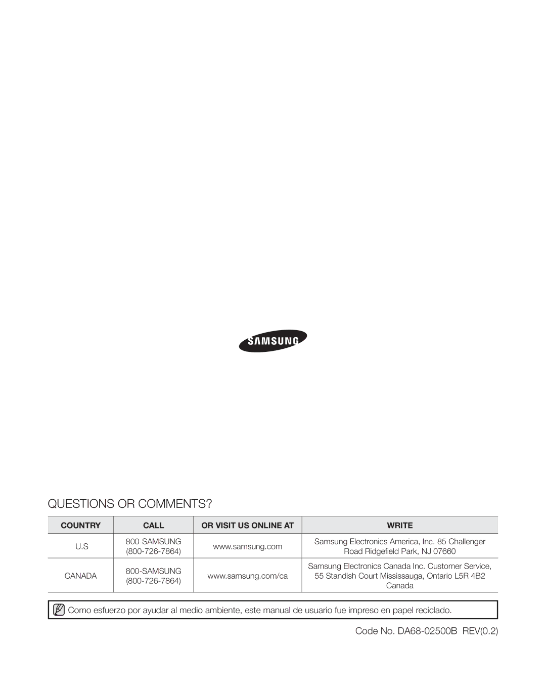 Samsung RSG309** user manual Questions or COMMENTS?, Code No. DA68-02500B REV0.2 