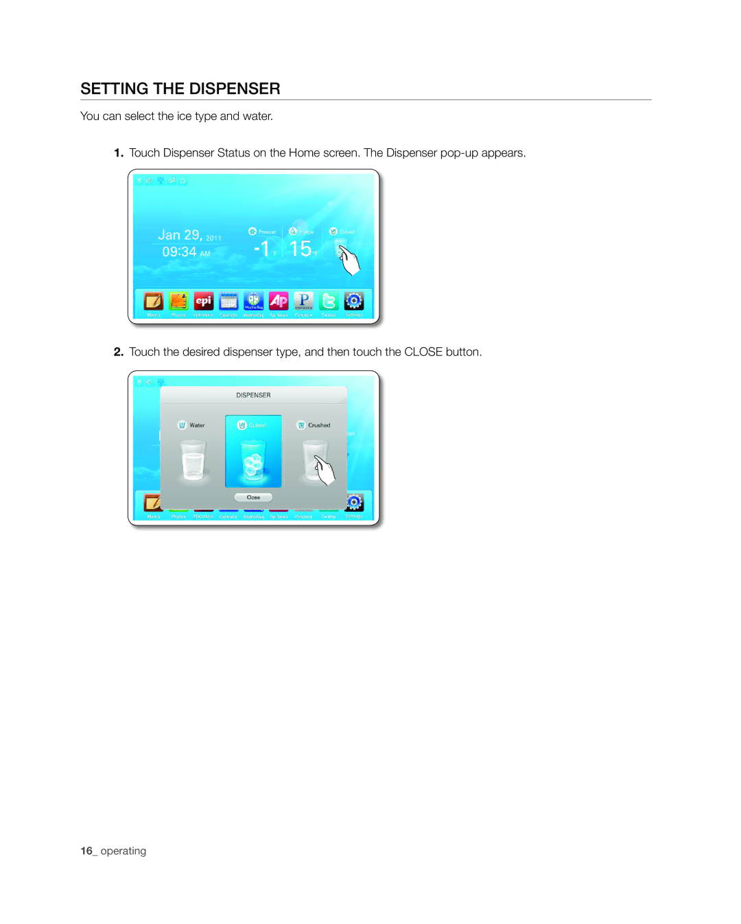 Samsung RSG309** user manual Setting the dispenser 