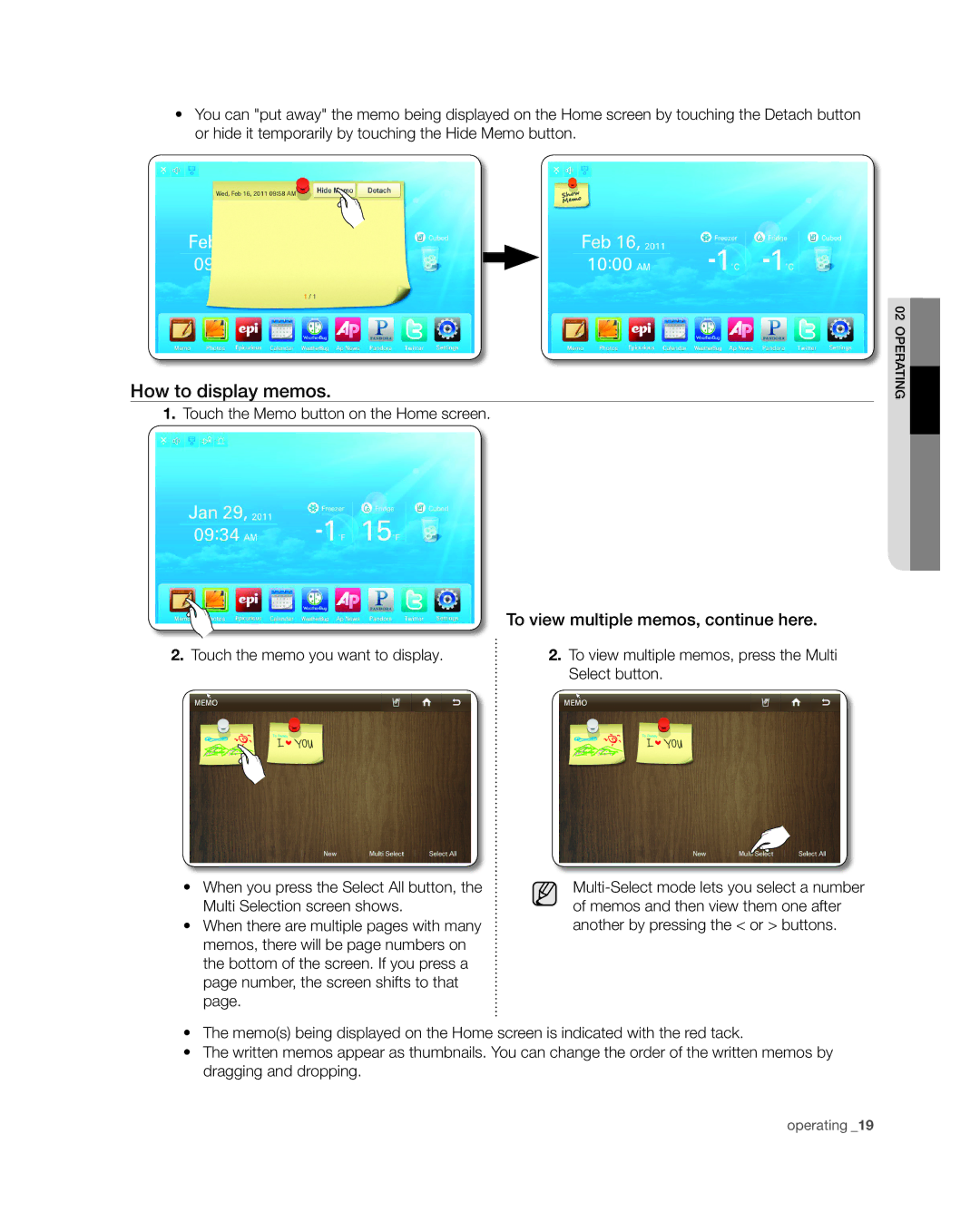 Samsung RSG309** How to display memos, To view multiple memos, continue here, Touch the Memo button on the Home screen 