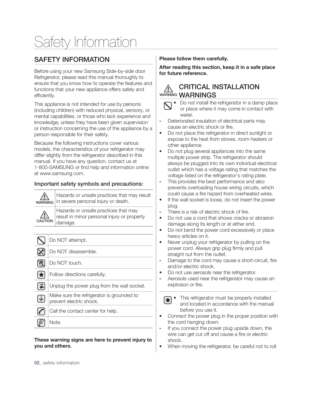 Samsung RSG309** user manual Safety Information, Important safety symbols and precautions 