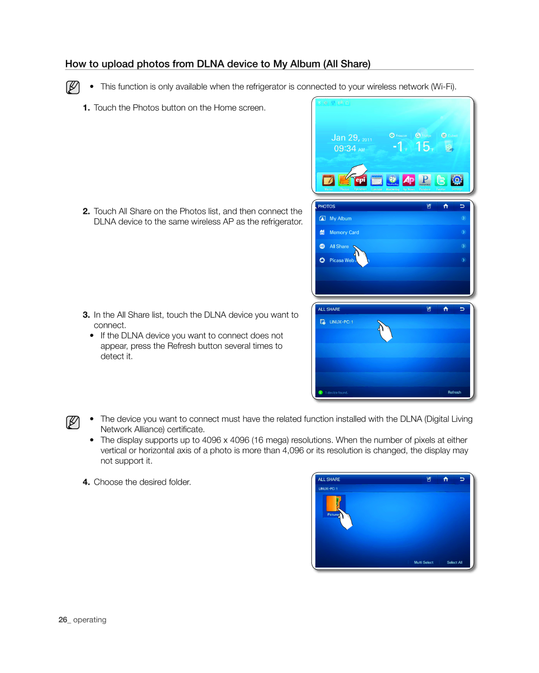 Samsung RSG309** user manual How to upload photos from Dlna device to My Album All Share 