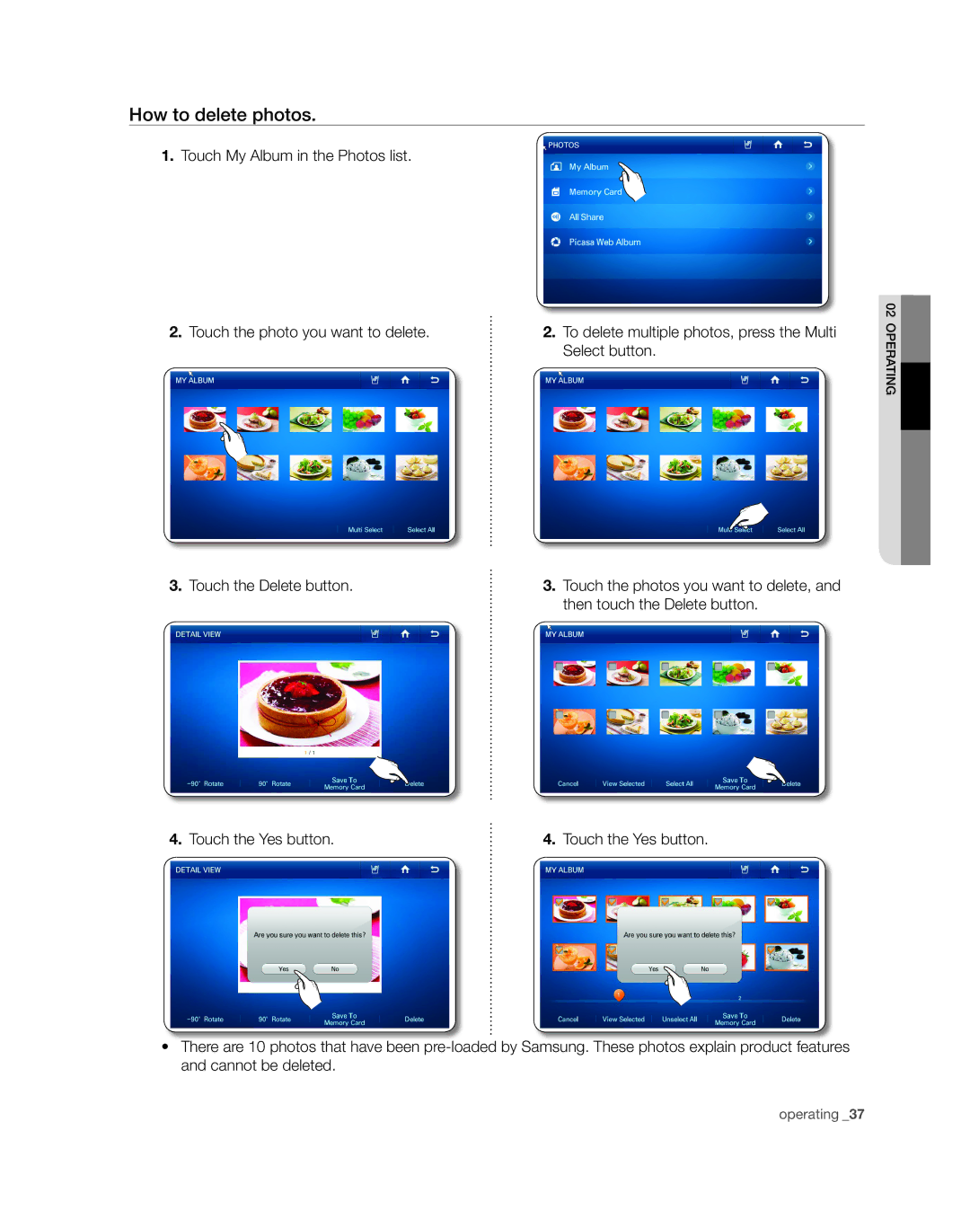 Samsung RSG309** user manual How to delete photos, Select button 