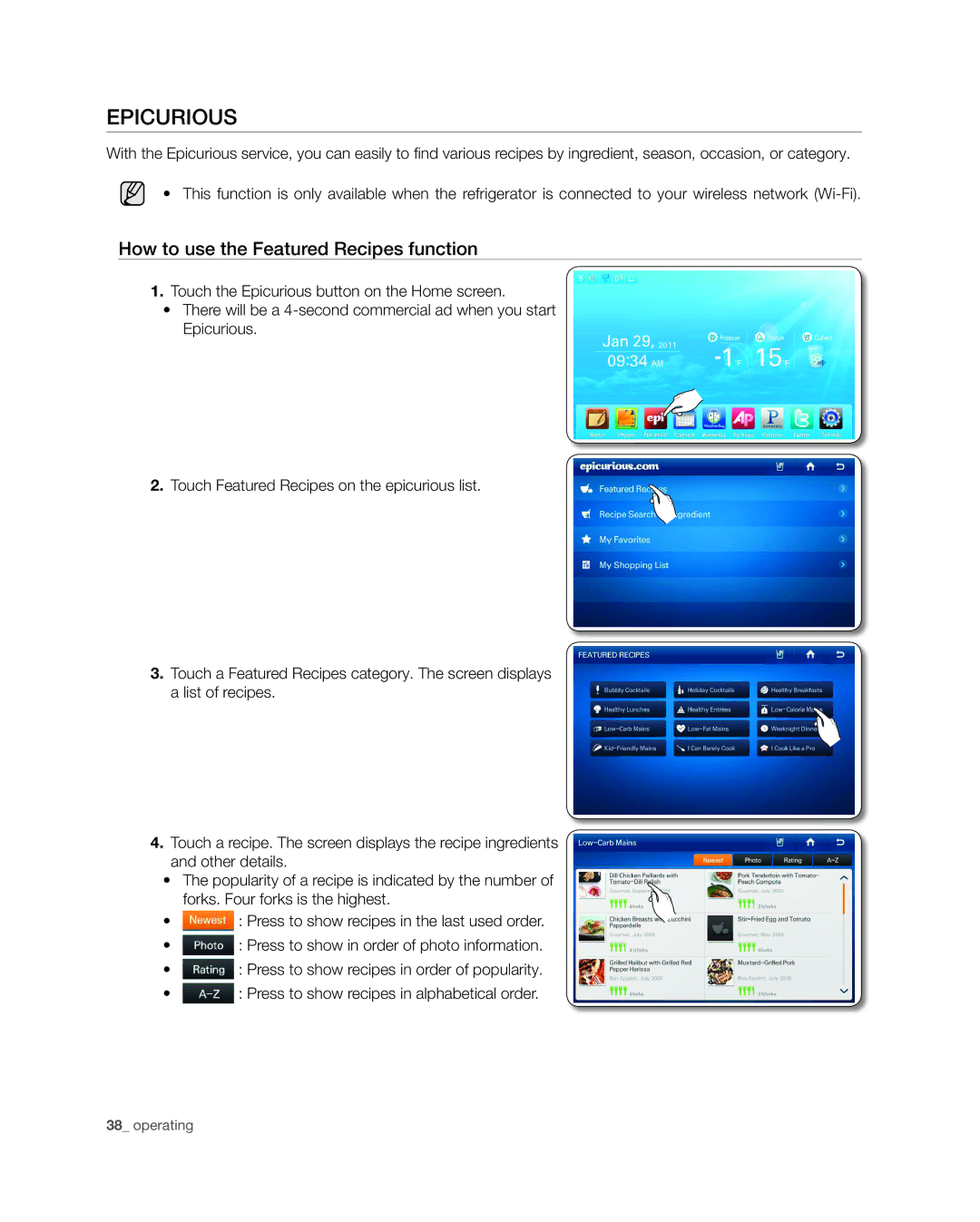 Samsung RSG309** user manual Epicurious, How to use the Featured Recipes function 